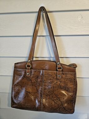 Patricia Nash Brown Leather Map Design Tote / Purse